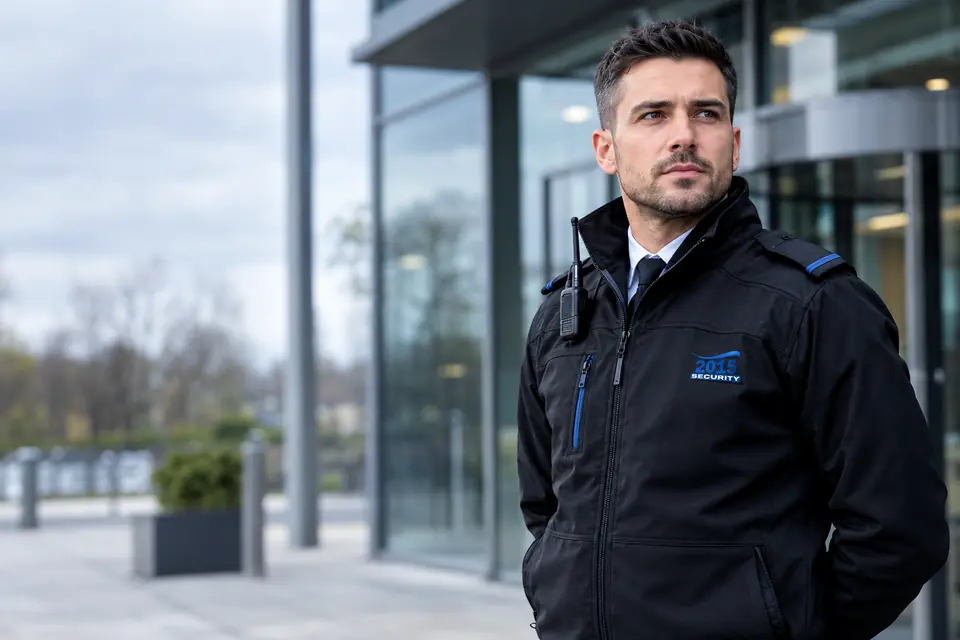 2015 Security officer in a company-branded jacket outside a modern office entrance